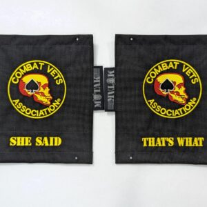 Set of two black panels with Combat Vets Association patches, one with "SHE SAID" and the other with "THAT'S WHAT" in yellow text.